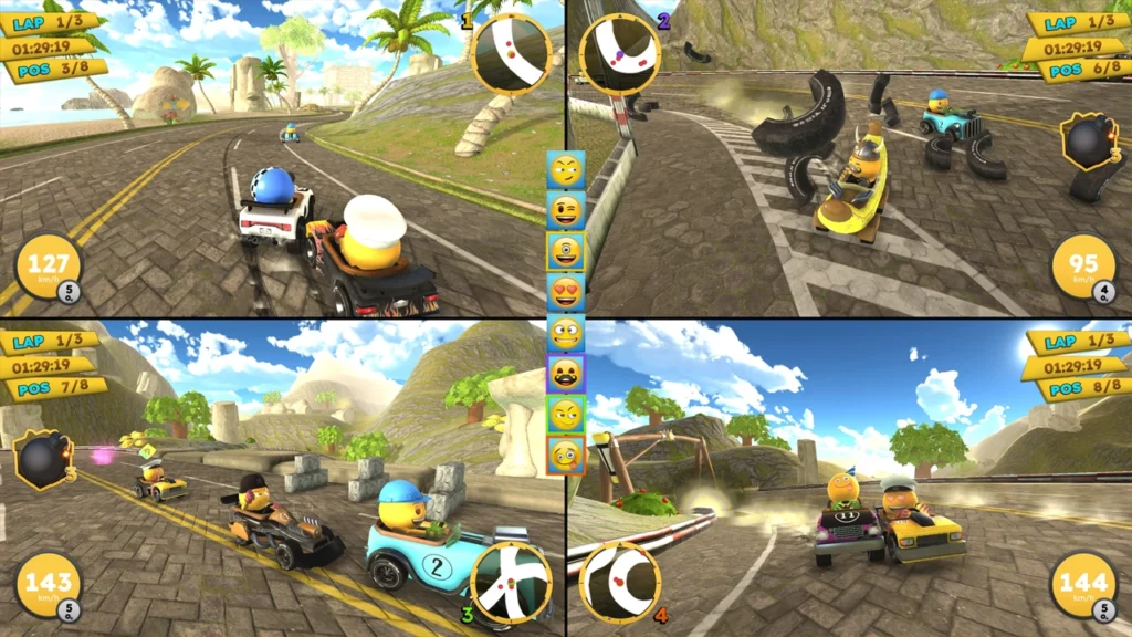 Tela dividida em quatro no modo multiplayer de emoji Kart Racer.