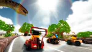 Corrida rodeada por dinossauros.