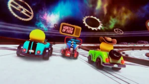 Corrida com peças de relógio flutuando no emoji Kart Racer.