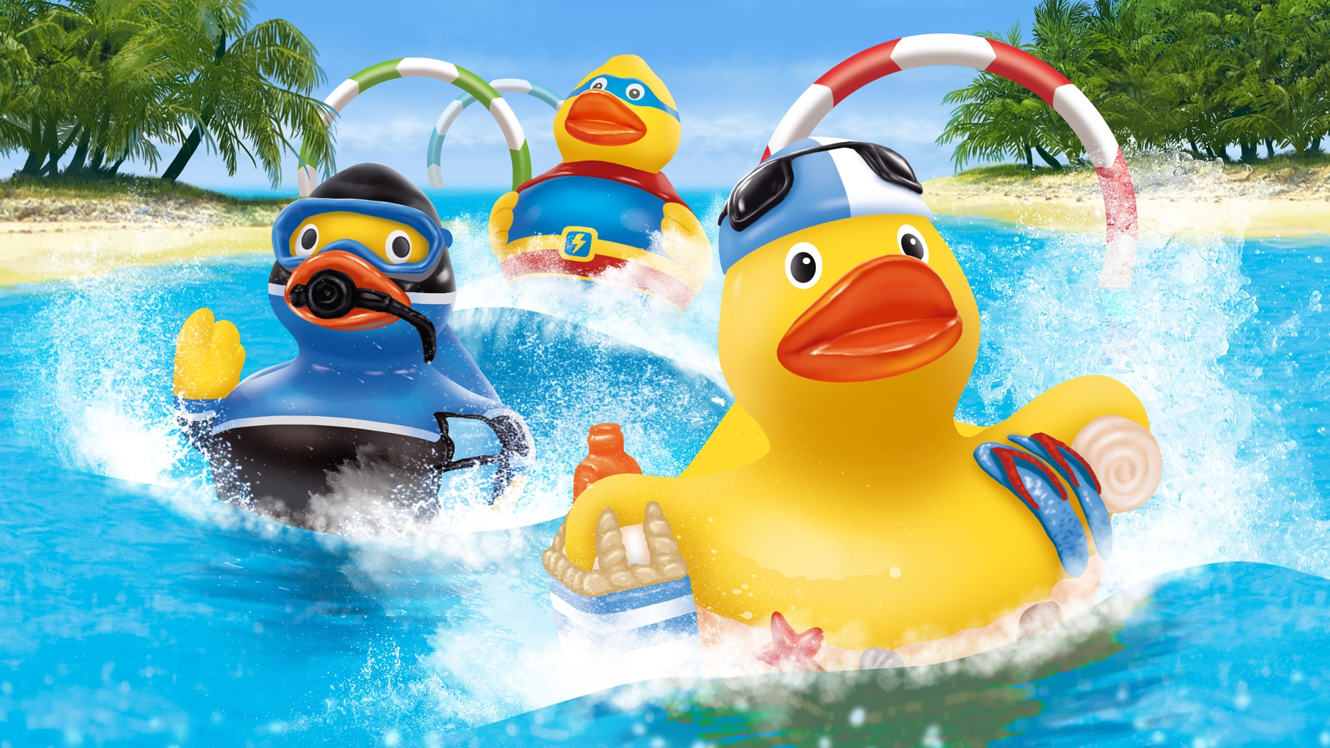 Ducks racing in front of two islands.