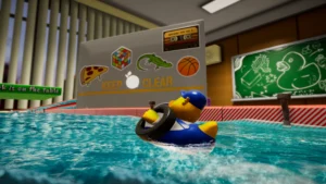 Duck running on a track inside the classroom.