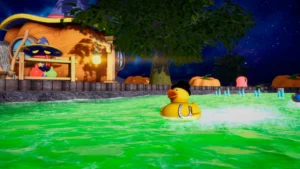 Haunted track with neon green water.