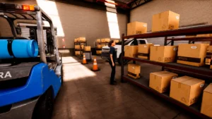 Empilhadeira azul e mulher em frente a prateleira de caixas.