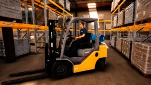 Empilhadeira laranja manobrando em um corredor com vários pallets.